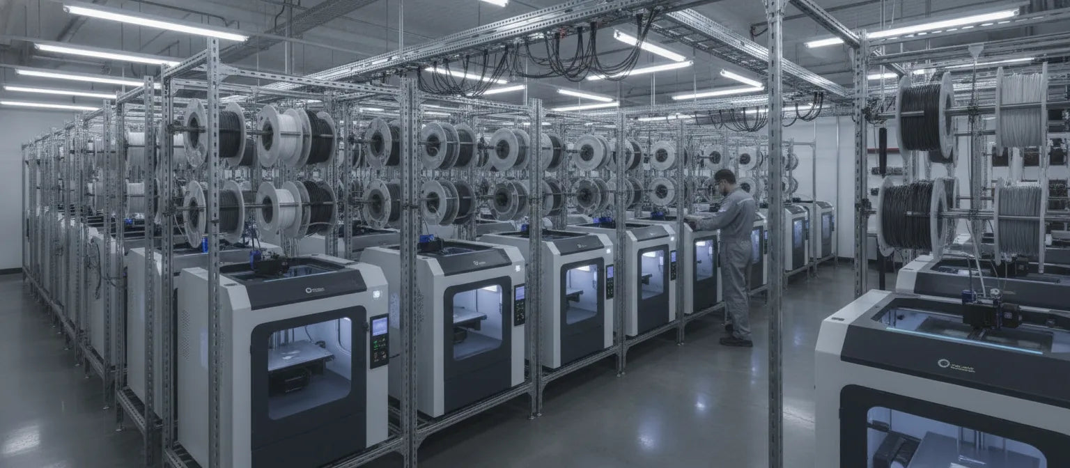 Rows of filament spools on a production rack