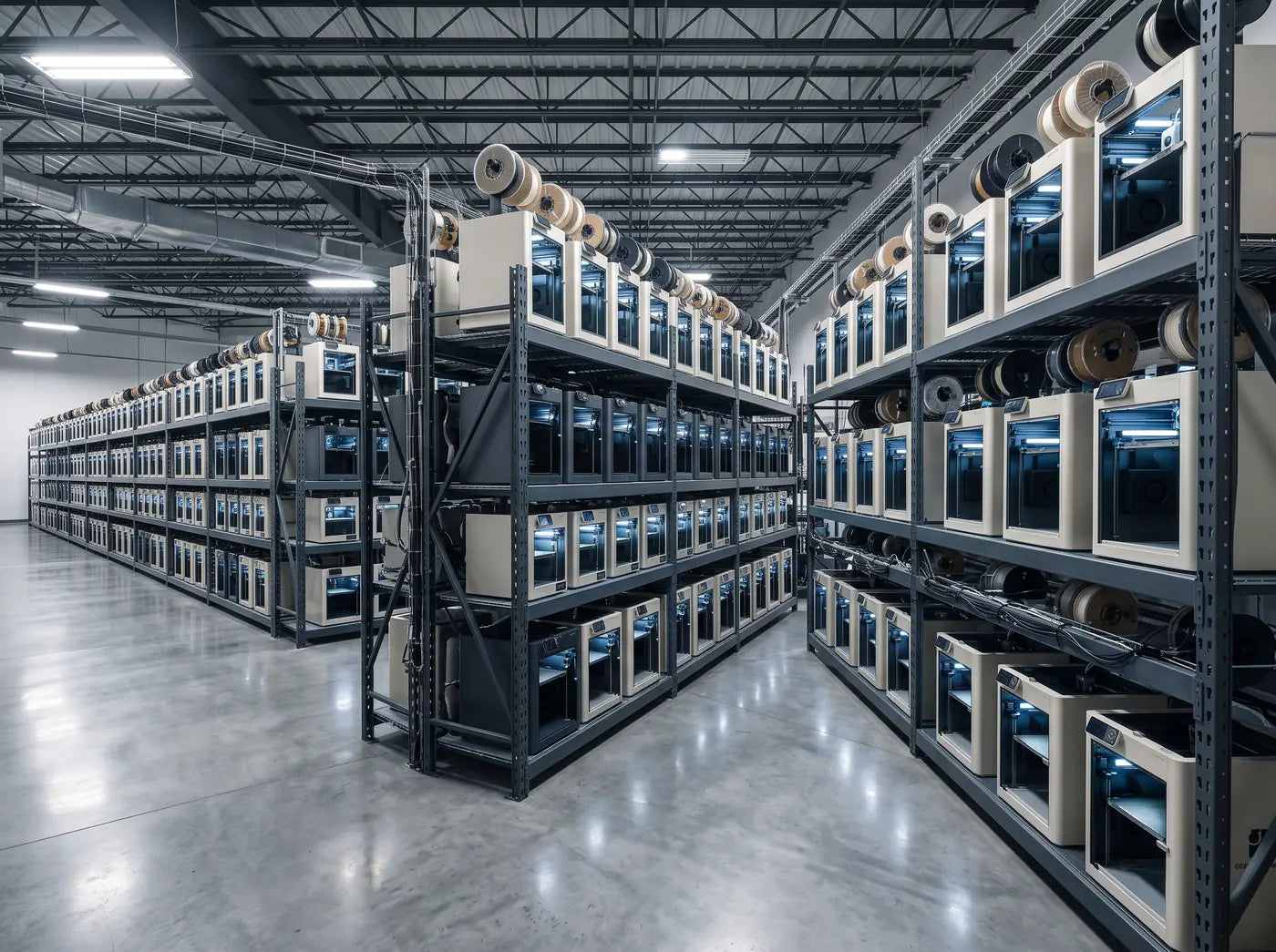 Rows of enclosed 3D printers on steel racking in a production print farm, filament spools loaded above each machine