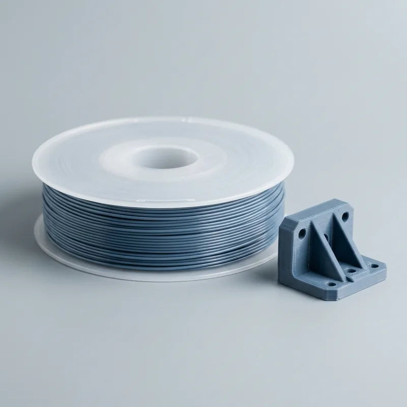 Slate-blue PETG filament coil beside a printed bracket