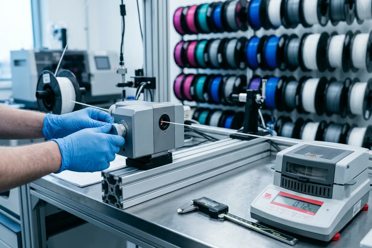 Quality-control bench with an inline laser micrometer, calipers and moisture analyzer, colorful spool rack behind